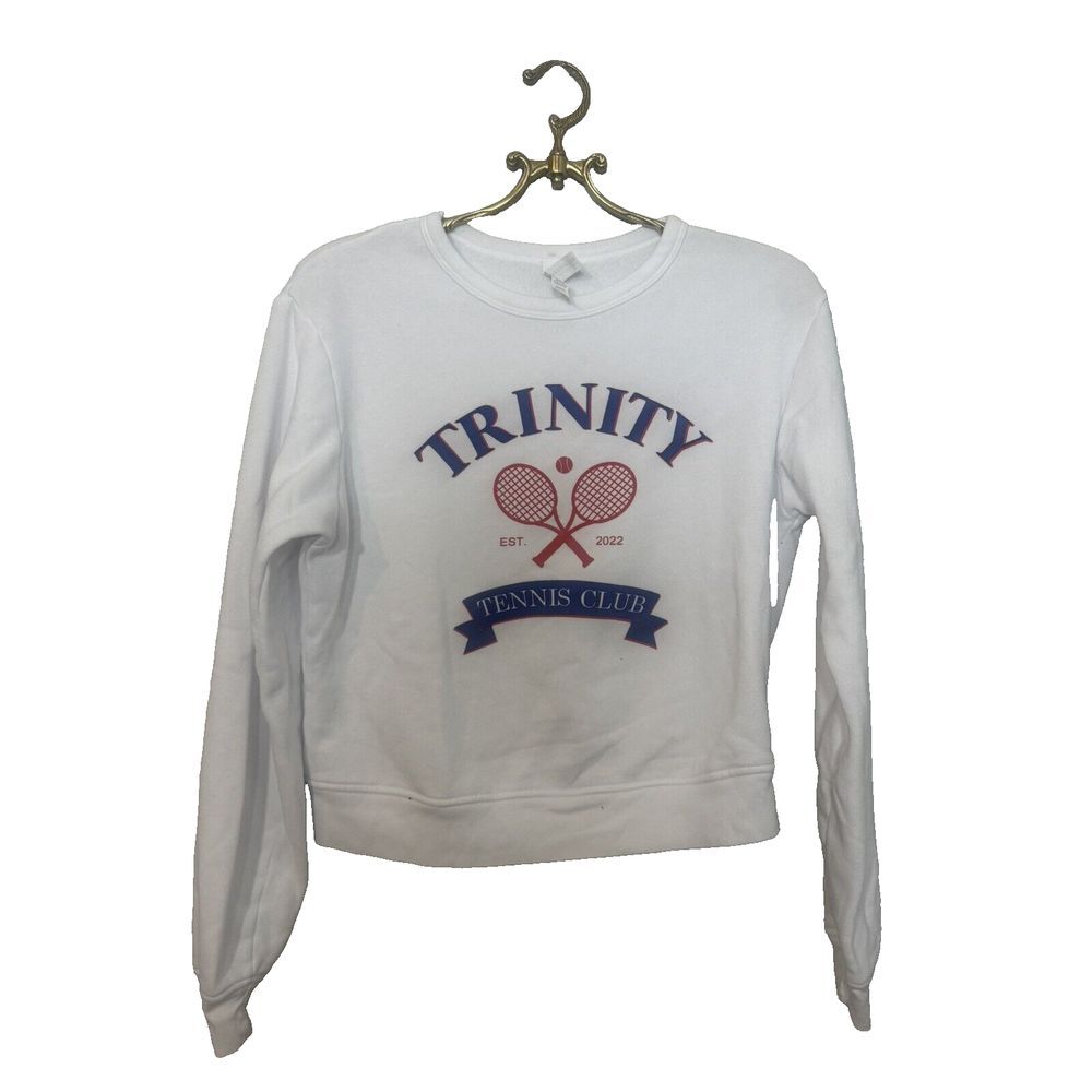 Bella Canvas Trinity Tennis Club Graphic Sweatshirt White Fleece Pullover Size M